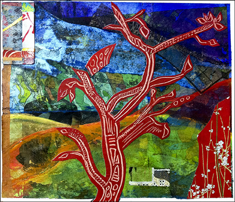 Cheryl Mirer: Red Tree -- Mixed Media Collage