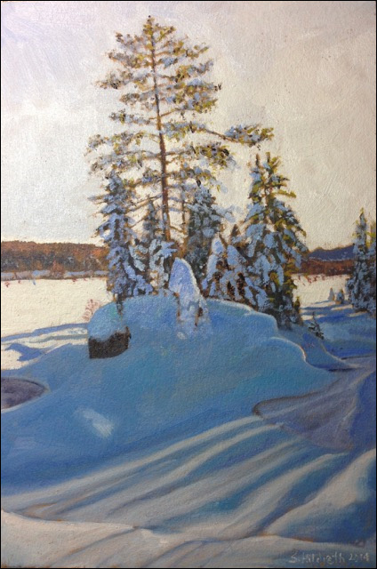 Sandra Hildreth: Snow Shadoes.  Oil. 8 x 6.